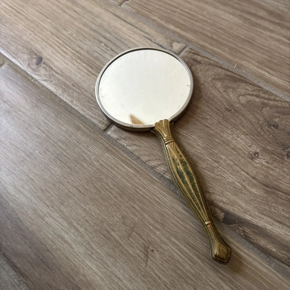 Vintage Victorian Art Nouveau Styled Brass Hand Held Double Sided Mirror